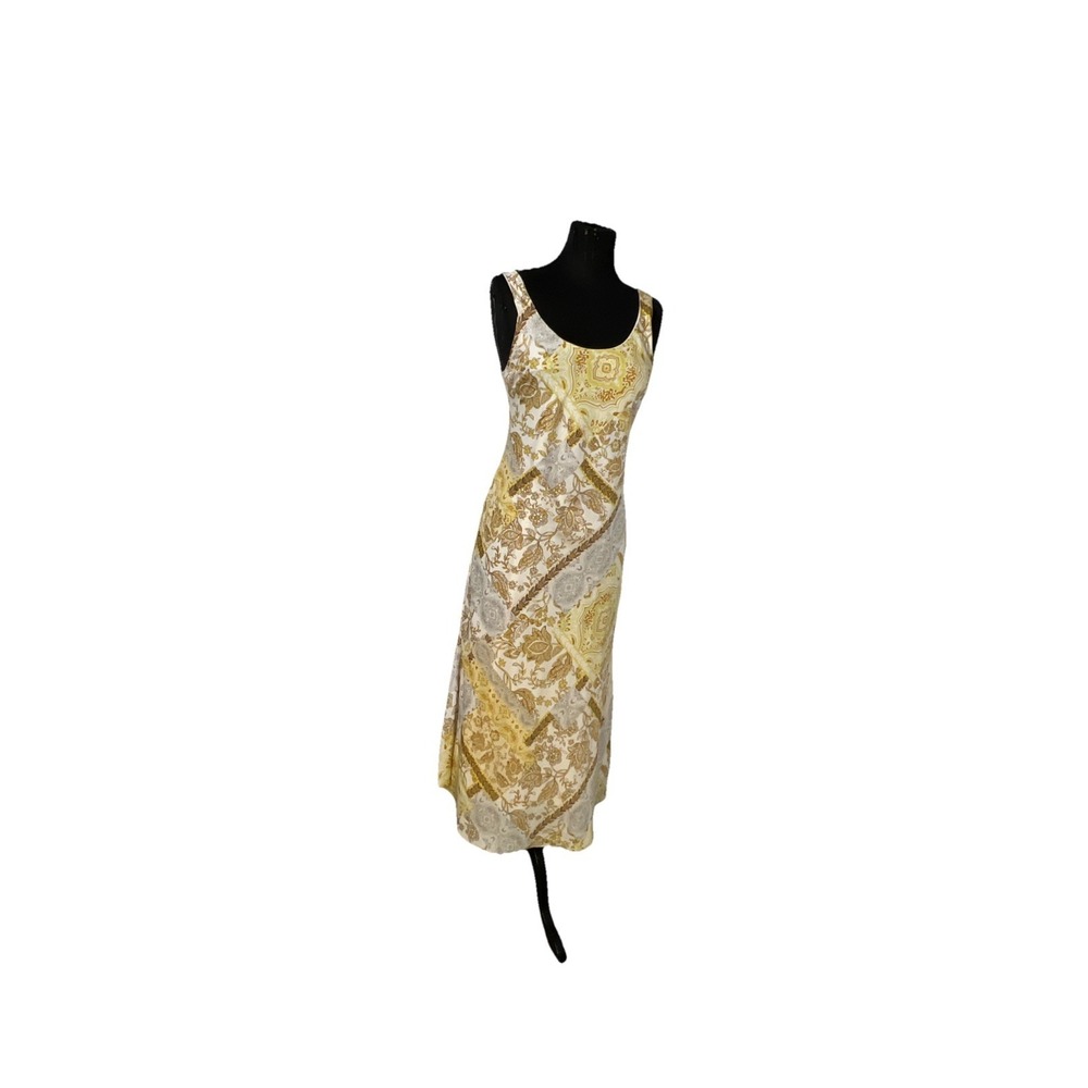 DREW Size SMALL Satin Lined Slip Maxi Dress Gold Tan Floral Pattern Maxi Y2K